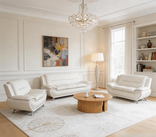 Caerrlcias Faux Leather Sofa Set for Living Room, Modern Living Room Furniture Set, 3 Pieces Couch Set with 3-Seater Sofa, Loveseat and Armchair (Cream White)
