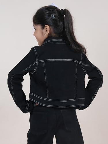 Image of Girls Full Sleeve Solid Crop Denim Jacket