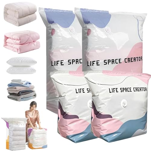Large No-Pump 3D Vacuum Storage Bags 3-Sec Fast Compression Press & Seal Roll-Up Compression Bags Thickened Reusable Space Saver for Clothes Duvets Bedding & Travel (2M+2L)