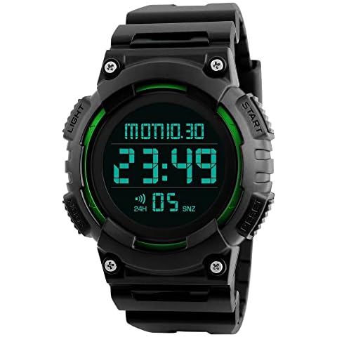 FeiWen Multifunction Outdoor Military Digital Sport Watches for Men Waterproof 50M Water Resistant Large Numeral LED Electronic Plastic Watch with Rubber Strap Cover