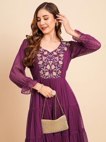 Image of RATAN Women's Floral Embroidered Puff Sleeve Chiffon Flared Tiered Kurta Gown Maxi Dress