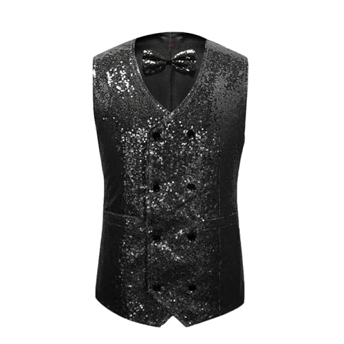 Gilet costume homme double boutonnage à paillettes et son noeud papillon chic ajusté