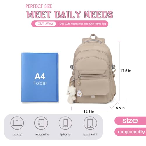 Image of PRLINJSK Girls Backpack for College High Middle School Student, Cute Aesthetic Bookbag for Teens Women with Accessories,Khaki