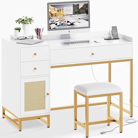 furlinkhm Computer Desk and Chair Set, White and Gold Desk with 3 Drawers and Rattan Cabinet,Home Office Desk with Power Outlets,Office Table and Chair Set for Writing Study Bedroom Cover