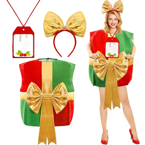 Boyigog Weihnachtskostüme für Erwachsene Weihnachtsgeschenkbox Kleidung mit Goldener Schleife Kostüm mit Haarband Karten, Lustig Weihnachtskostüm für Damen