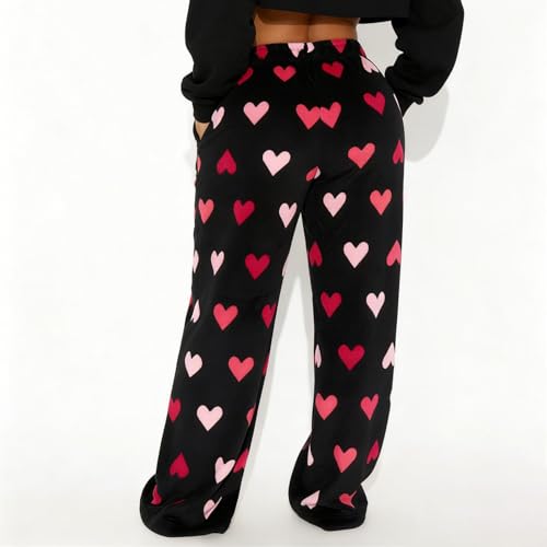 Image of Valentine's Day Flannel Pants Women's Romantic Heart Print Elastic Drawstring Waistband Wide Leg Loose Fit Trousers