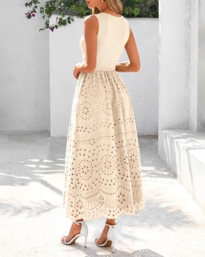 Image of dowerme Women Summer Dresses 2026 Casual Sleeveless Crewneck A-Line Boho Lace Eyelet Cotton Tank Maxi Dress with Pockets