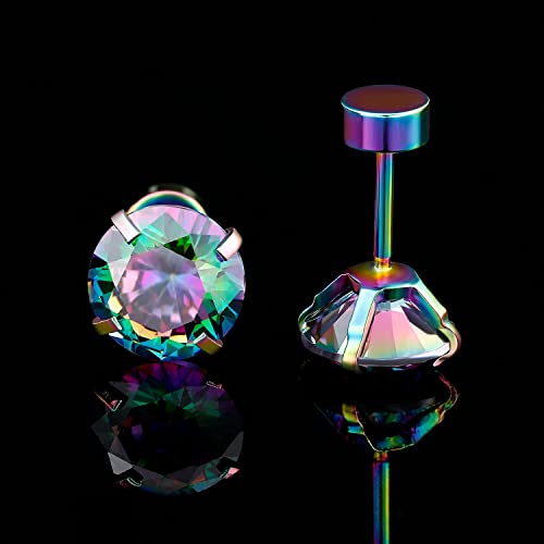 Titanium Screw Flat Back Pack Of Earrings Rainbow Cubic Zirconia Simulated Diamond Stud For Women Men 18K Gold Plated Surgical Stainless Steel Helix Piercing Hypoallergenic For Sensitive Ears 20G #TOP6