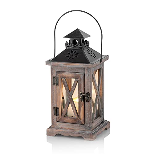 Romadedi Farol de madera, portavelas para jardín, rústico, rústico, con metal y cristal, para velas, vintage, boda, fiesta, Navidad, decoración de mesa interior y exterior, 28 cm
