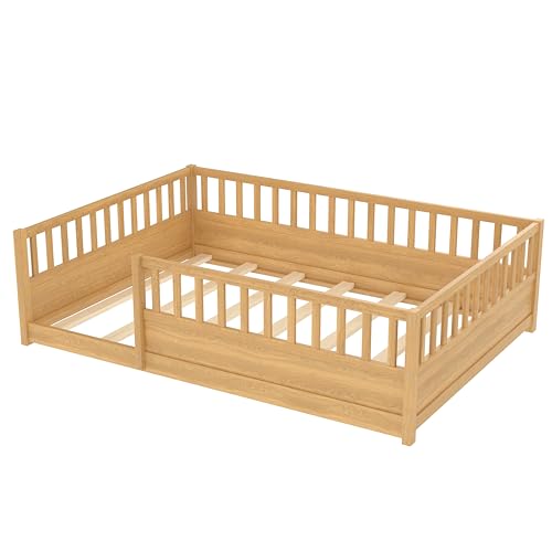 Image of Kids Montessori Floor Bed,Full Size Floor Bed with High Fence and Door,Full Bed Frame with Guardrails for Kids,Girls,Boys,Full,Natural