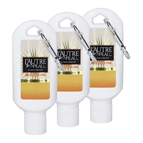 SPF 30 Sunscreen Multi-Pack by L'AUTRE PEAU | Travel Size Sunscreen for Men, Women, and Kids | Non-Greasy Water Resistant | Tropical Scent | TSA Approved | (2oz 3 pack With Carabiner Clip) Cover