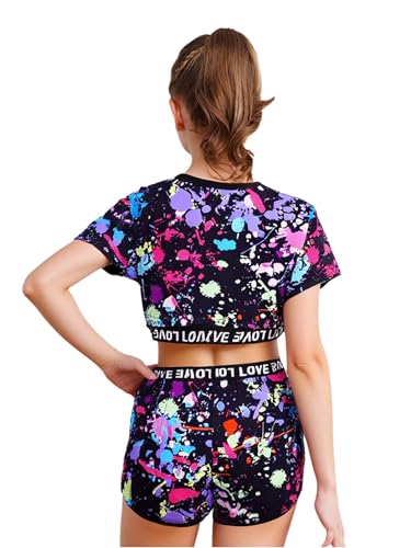 FEESHOW Kids Girls 3 Pcs Summer Outfits Short Sleeve Graffiti Print Crop Top Cami Vest with Shorts Clothes Set Tracksuit Multicolor 10-11 Years4