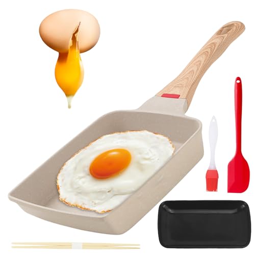 Tamagoyaki Sartén: antiadherente omletten, sartén japonesa para tortilla con mango de madera aislada, sartén rectangular japonesa para todo tipo de cocinas, huevos revueltos sartén antiadherente para
