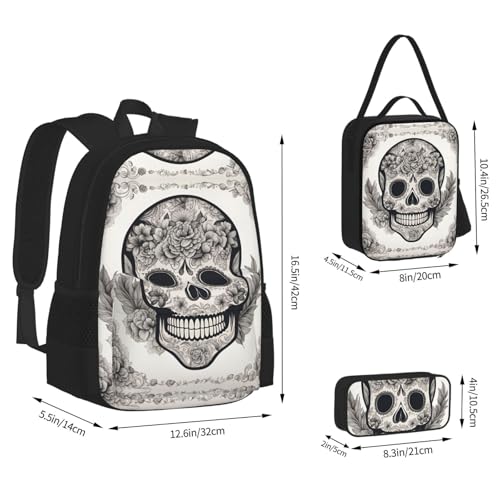 Mexican Skull 3-Piece Set Backpack, Lunch Bag, And Pencil Case, Casual Cute Sets For Travel And College4