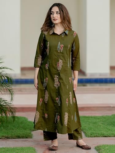 Image of Arayna Women's Pure Cotton Printed A-Line Kurta Set with Pants | Button-Down Collar Kurta