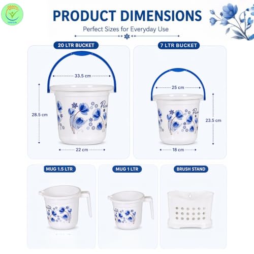 Image of Heavy Duty Virgin Plastic Large Capacity 16 L Bucket, 5 L Bucket, Patla, Deep Tub, Dustbin, 1.5 L Mug, 1 L Mug, Soap Case, Dustpan, Tooth Brush Stand Bathroom Set (White Blue, Queen)
