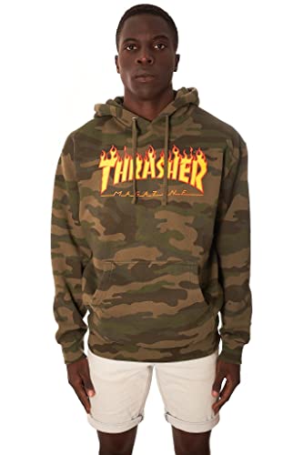 Thrasher Magazine Men's Flame Pullover Long Sleeve Hoodie Forest Camo Green S