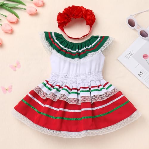 Baby Girls Mexican Outfit Multi Toddler Colored Satin Ribbon Traditional Folk Drape Dresses and Headband 3-18M2