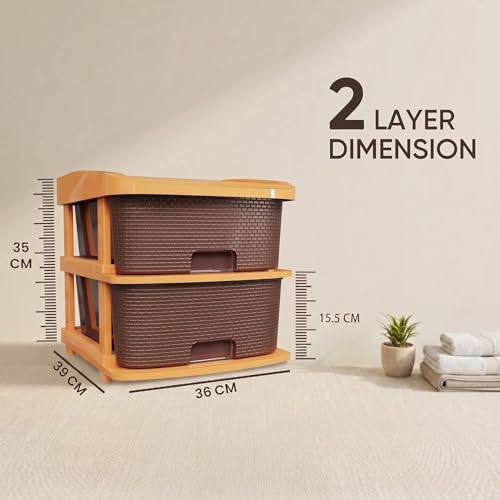 Image of Jefa Plastic Modular Drawer Storage Organizer | Multipurpose Storage Chest with Anti-Slip Design | Large Capacity Drawer Rack for Clothes, Shoes, Office & Home Use (Brown, 2)
