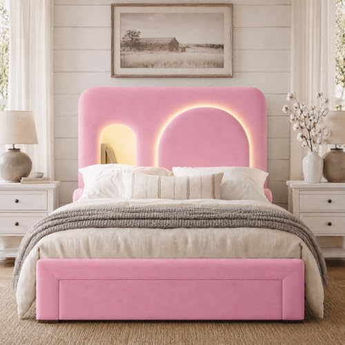Image of Twin Bed Frame for Girls with Storage Headboard & Charging Station, Pink