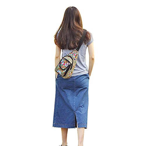 Image of SILKAREA Embroidered Canvas Sling Backpack for Women Travel Chest Bag Crossbody Backpack Purse Shoulder Bag Medium