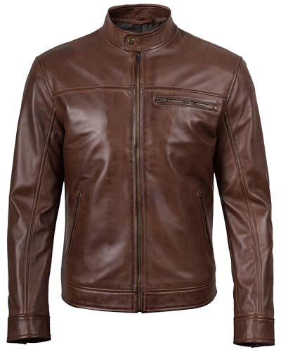 Image of fjackets Mens Leather Jacket - Real Lambskin Cafe Racer Moto Biker Stand Collar Jacket