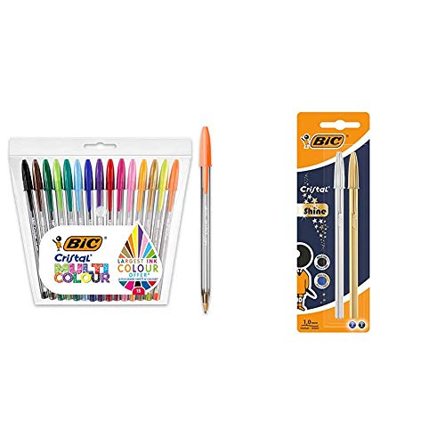 BIC Cristal Multicolour - Pack de 15 unidades, bolígrafos de punta ancha (1,6 mm) + Celebrate Cristal Shine bolígrafos punta media (1,0 mm) - Cuerpo y, Blíster de 2 unidades