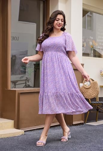 Image of Keluummi Plus Size Wedding Guest Maxi Dresses for Curvy Women, Summer Casual Boho Floral Smocked Empire Waist A Line Sundress