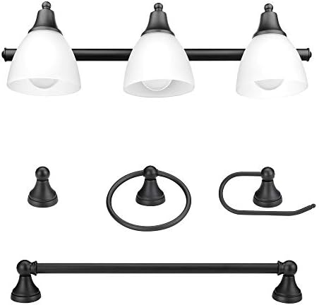 Globe Electric 51227 5-Piece All-in-One Bathroom Accessory Set, with Vanity, Oil Rubbed Bronze, 3-Light Vanity Light, Frosted Glass Shades, Towel Bar, Toilet Paper Holder, Towel Ring, Robe Hook