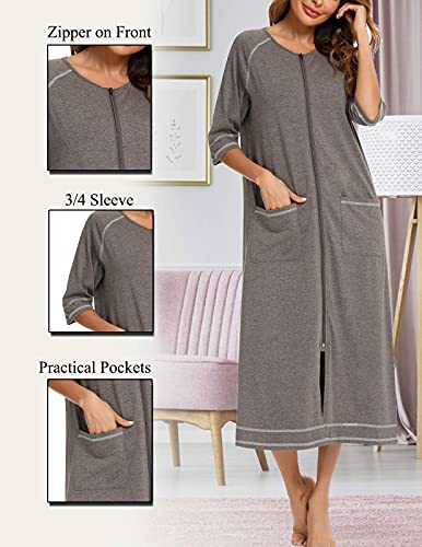 Image of Veseacky Women Robe Zipper Front House Coat 3 /4 Sleeve Nightgown Full Length Ladies Lounge Dress with Pockets S-XXL