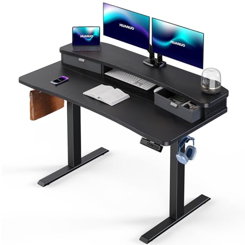 Image of HUANUO 48″ x 28″ Electric Standing Desk with 2 Drawers, C-Clamp Mount Compatible, Height Adjustable Computer Desk, Home Office Stand Up Desk with 4 Preset Heights & 2 Hooks, Black