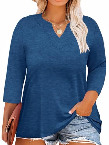 MK Shop Limited Plus Size Women Blouses V Neck 3/4 Sleeve Tops Casual Business Loose Fit Tunic T Shirts