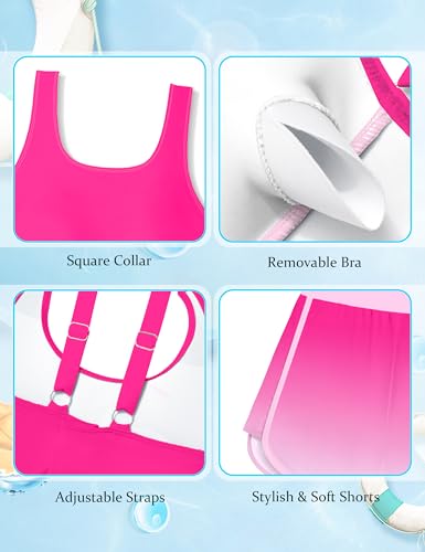 Image of Girls Swimsuit One Piece Swimsuits Color Block Bathing Suit for Girls Adjustable Strap Padded Swimwear with Shorts