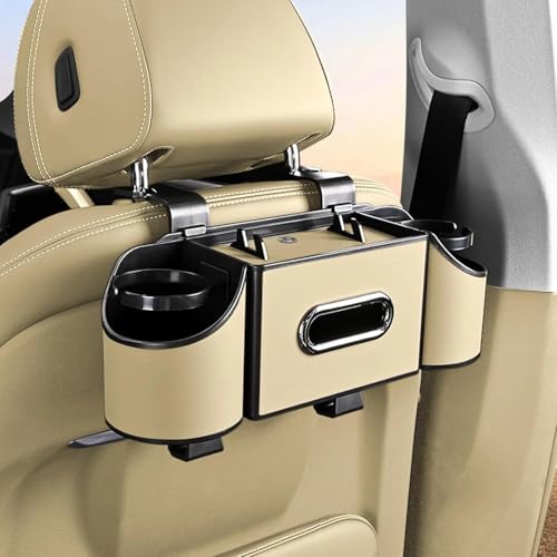 Auto Family Car Back Seat Organizer with Cup Holders & Tissue Box Headrest Mounted Car Storage Tray Backseat Organizer with Drink Holders Phone Slot & Storage Box (Beige)