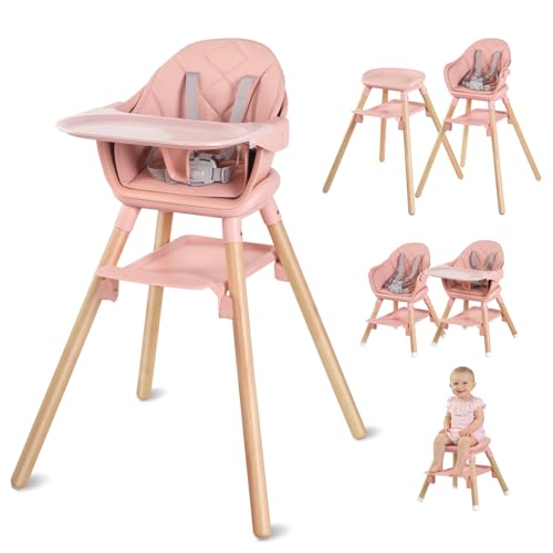 Image of 6 in 1 Baby High Chair, Convertible High Chairs,Pink | Easy Clean Baby Feeding Chair for Babies and Toddlers,5-Point Harness, Double Removable Tray & Reversible Footrest