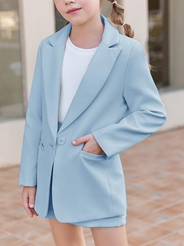 Image of Batermoon Girls 2 Piece Outfits Button Front Long Sleeve Blazer and Short Pants Suit Sets 4-14 Years