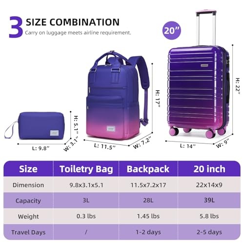 Image of LARVENDER Carry on Luggage 22x14x9 Airline Approved Hardshell Suitcase with Wheels TSA Lock, PC+ABS Lightweight Suitcase Set for Women with Travel Backpack, Midnight Berry, 3 Piece Set