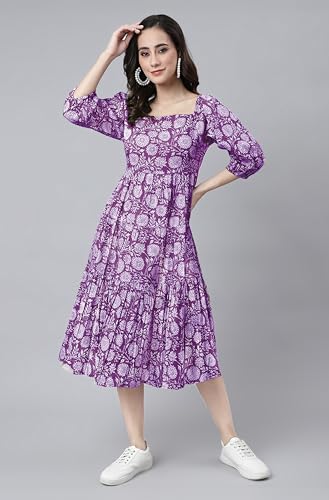 Image of Janasya Women's Cotton Floral Print Flared Dress