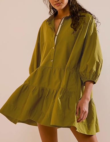 Zontroldy Women's Oversized Casual Collared Babydoll Mini Dresses Puff Sleeve A-line Tiered Shirt Tunic Dress2