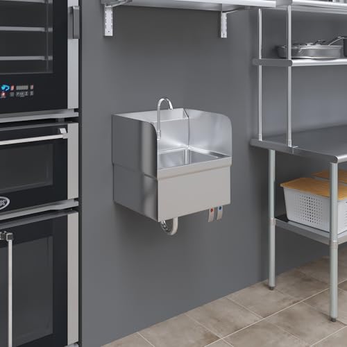 Image of Stainless Steel Wall-Mounted Hand Sink with Hands-Free Double Knee Valves, Faucet, and Side Splash Guards, 17 in x 15 in
