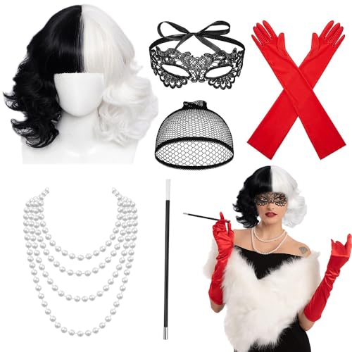 Afenau Cruella Deguisement Femme, 6 pièces Années 1970 Accessoires avec Perruque Cruella, Masque de Dentelle, Collier de Perles, Gants, Deguisement Cruella d...