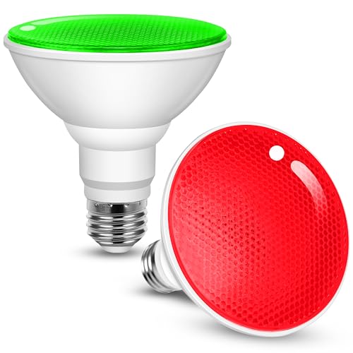 JandCase Red and Green Christmas Light Bulbs Outdoor, LED PAR30 Flood Lights 12W(100W Equivalent), E26 Colored Light Bulbs for Porch Lighting, Party Decor, Courtyard, Not-Dimmable, 2 Pack