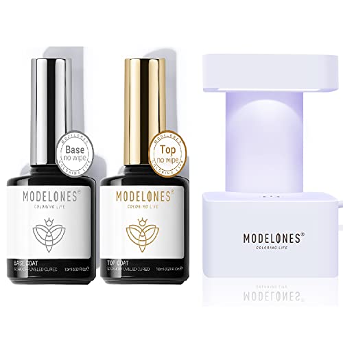 modelones Gel Top Coat, 10ml No Wipe Base and Top Coat Set with Mini LED Nail Lamp for Gel Nail Polish