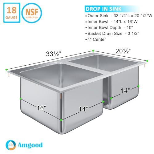 Image of Stainless Steel 2 Compartment Drop-In Sink. Bowl 14 in. x 16 in. x 10 in. No Faucet