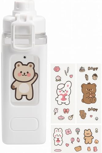 Image of Aider Water Bottle With Straw & Sticker,Kawaii Bear Water Bottle,Large Sport Plastic Portable Square Drinking Bottle For Girl,Cute Juice Tea Water Cups 700ml (pack of-1)