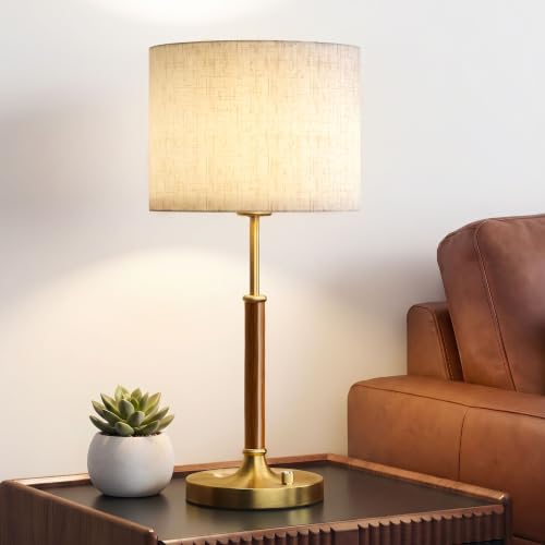 SIBRILLE Table Lamp for Bedroom, Bedside Table Lamp with Linen Fabric Shade, Wood & Gold Metal Base, Nightstand Table Lamp for Bedroom, Living Room, Office, Mid Century Accent Lamp for Home Decor