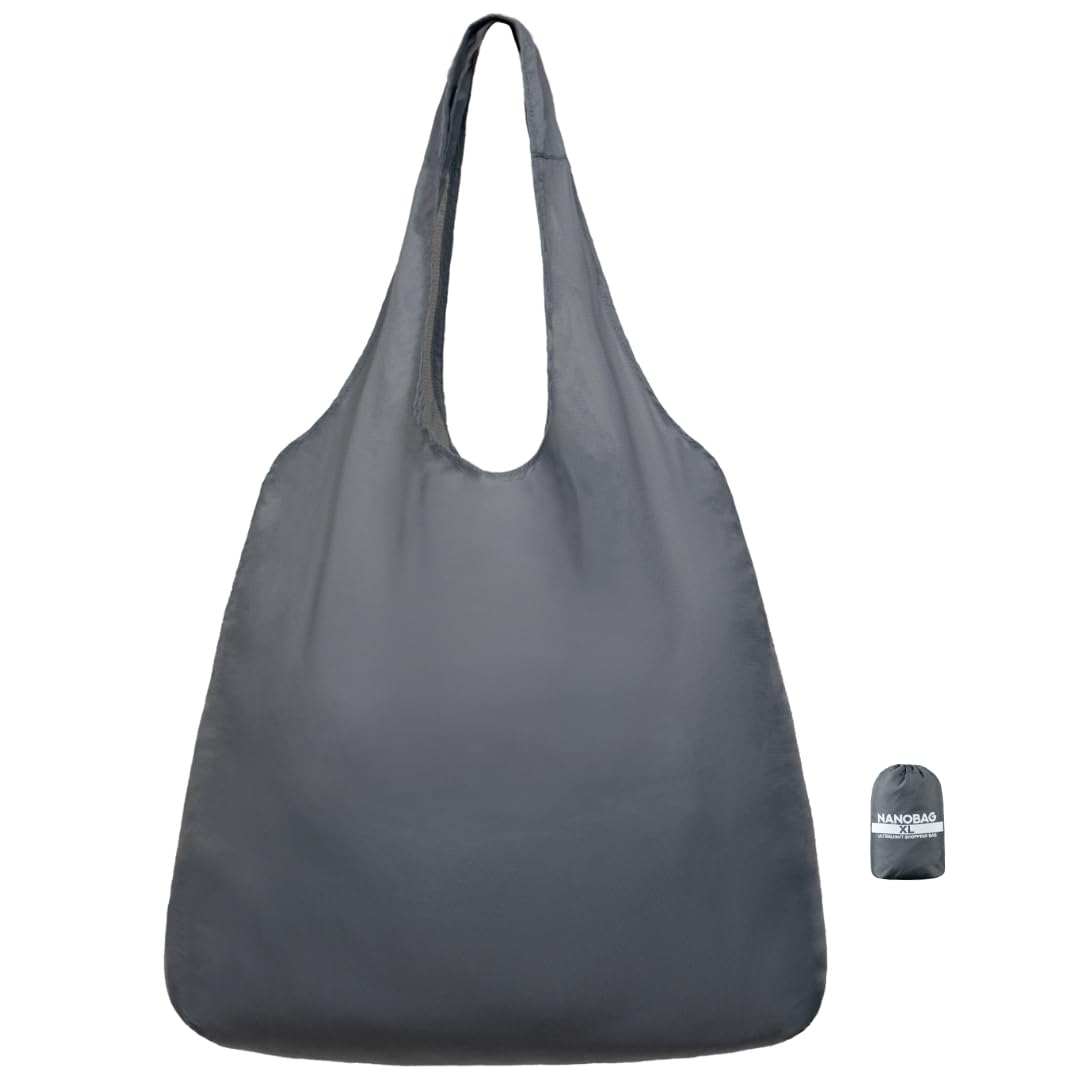Nanobag Ultralight Heavy Duty Foldable Tote for Women & Men, Reusable Grocery & Travel Bag, Packable Collapsible Compact Market Essential (XL Gray)