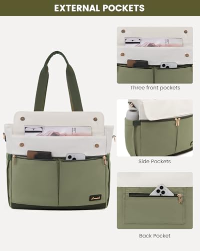 Image of LOVEVOOK Upgrade Version Work Bags for Women 15.6 Inch Laptop Bag Large Capacity Mutiple Pockets Teacher Bag Water Resistant Canvas Tote Bag Purse for Office Travel College Nurse Teacher, Green Beige