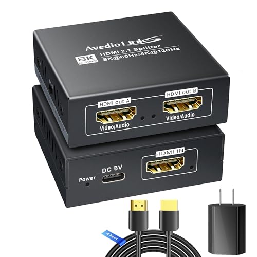 HDMI 2.1 Splitter 1 in 2 Out 8K@60Hz w/ 4ft 8K HDMI Cable HDCP 2.3 4K@120Hz HDMI Audio Splitter for Soundbar Support VRR ALLM HDR10+ Dolby Vision/Atmos 7.1ch Down Scaler 48Gbps for PS5