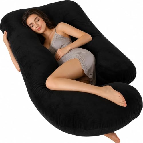 Image of Full Body Pillows for Sleeping Cooling Pregnancy Pillow,U Shaped Pregnancy Body Pillow for Women,Maternity Pillows for Pregnant Women & Removable Washable Velvet Cover Black